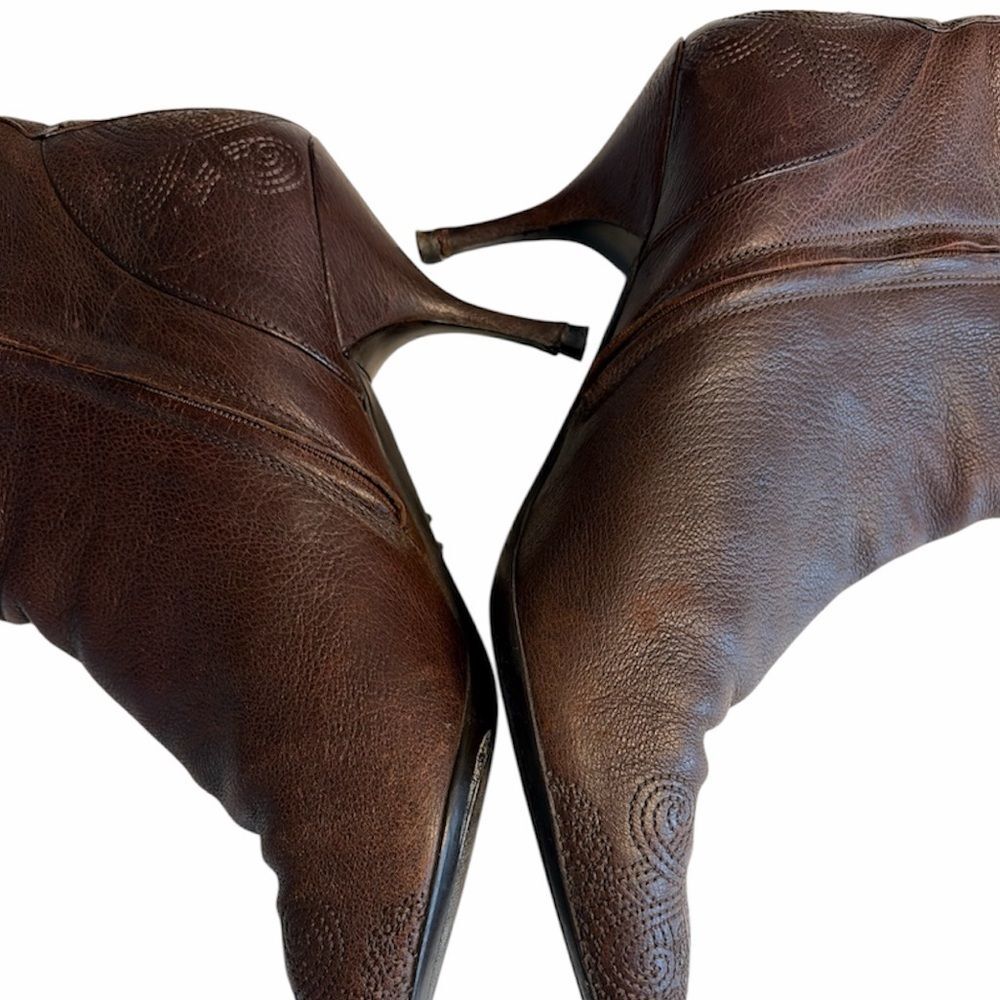 Prada Brown Leather Embroidered Pointed Toe Kitten Heel Bootie Italy EU 38.5 Y2K - Picture 3 of 6